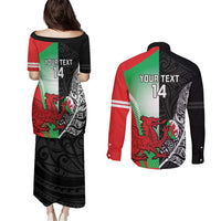 New Zealand and Wales Rugby Custom Couples Matching Puletasi and Long Sleeve Button Shirt Aotearoa All Black Combine Welsh Dragon LT14 - Polynesian Pride