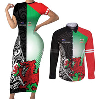 New Zealand and Wales Rugby Custom Couples Matching Short Sleeve Bodycon Dress and Long Sleeve Button Shirt Aotearoa All Black Combine Welsh Dragon LT14 Black - Polynesian Pride
