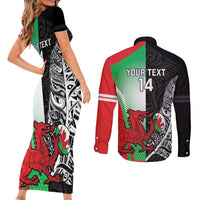 New Zealand and Wales Rugby Custom Couples Matching Short Sleeve Bodycon Dress and Long Sleeve Button Shirt Aotearoa All Black Combine Welsh Dragon LT14 - Polynesian Pride