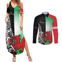 New Zealand and Wales Rugby Custom Couples Matching Summer Maxi Dress and Long Sleeve Button Shirt Aotearoa All Black Combine Welsh Dragon LT14 Black - Polynesian Pride