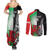 New Zealand and Wales Rugby Custom Couples Matching Summer Maxi Dress and Long Sleeve Button Shirt Aotearoa All Black Combine Welsh Dragon LT14 - Polynesian Pride