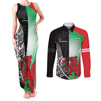 New Zealand and Wales Rugby Custom Couples Matching Tank Maxi Dress and Long Sleeve Button Shirt Aotearoa All Black Combine Welsh Dragon LT14 Black - Polynesian Pride