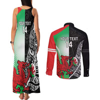 New Zealand and Wales Rugby Custom Couples Matching Tank Maxi Dress and Long Sleeve Button Shirt Aotearoa All Black Combine Welsh Dragon LT14 - Polynesian Pride