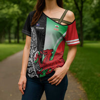New Zealand and Wales Rugby Custom Cross Shoulder Shirt Aotearoa All Black Combine Welsh Dragon - Polynesian Pride