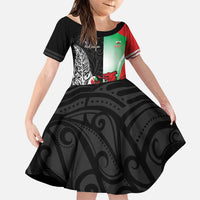 New Zealand and Wales Rugby Custom Family Matching Puletasi and Hawaiian Shirt Aotearoa All Black Combine Welsh Dragon LT14 Daughter's Dress Black - Polynesian Pride