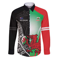 New Zealand and Wales Rugby Custom Family Matching Puletasi and Hawaiian Shirt Aotearoa All Black Combine Welsh Dragon LT14 Dad's Shirt - Long Sleeve Black - Polynesian Pride