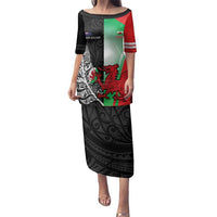 New Zealand and Wales Rugby Custom Family Matching Puletasi and Hawaiian Shirt Aotearoa All Black Combine Welsh Dragon LT14 Mom's Dress Black - Polynesian Pride