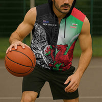 New Zealand and Wales Rugby Custom Sleeveless Zip Hoodie Aotearoa All Black Combine Welsh Dragon LT14 - Polynesian Pride