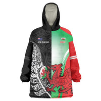 New Zealand and Wales Rugby Custom Wearable Blanket Hoodie Aotearoa All Black Combine Welsh Dragon LT14 One Size Black - Polynesian Pride