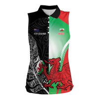 New Zealand and Wales Rugby Custom Women Sleeveless Polo Shirt Aotearoa All Black Combine Welsh Dragon LT14 Female Black - Polynesian Pride