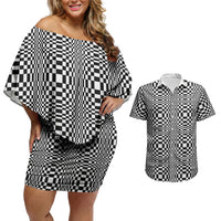 Black White Filipino Binakol Motifs Couples Matching Off Shoulder Short Dress and Hawaiian Shirt Mabuhay Philippines Festival Kusikus Pattern LT14 Black - Polynesian Pride