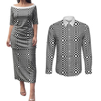 Black White Filipino Binakol Motifs Couples Matching Puletasi and Long Sleeve Button Shirt Mabuhay Philippines Festival Kusikus Pattern LT14 Black - Polynesian Pride