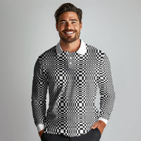 Black White Filipino Binakol Motifs Long Sleeve Polo Shirt Mabuhay Philippines Festival Kusikus Pattern LT14 - Polynesian Pride
