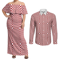 Red White Filipino Binakol Motifs Couples Matching Off Shoulder Maxi Dress and Long Sleeve Button Shirt Mabuhay Philippines Festival Kusikus Pattern LT14 Red - Polynesian Pride