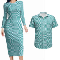 Cyan Filipino Binakol Motifs Couples Matching Long Sleeve Bodycon Dress and Hawaiian Shirt Mabuhay Philippines Festival Kusikus Pattern LT14 Cyan - Polynesian Pride