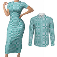 Cyan Filipino Binakol Motifs Couples Matching Short Sleeve Bodycon Dress and Long Sleeve Button Shirt Mabuhay Philippines Festival Kusikus Pattern LT14 Cyan - Polynesian Pride