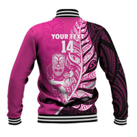 New Zealand Silver Fern Rugby Custom Baseball Jacket All Black Maori Pattern Pink - Polynesian Pride
