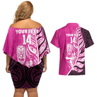 New Zealand Silver Fern Rugby Custom Couples Matching Off Shoulder Short Dress and Hawaiian Shirt All Black Maori Pattern Pink LT14 - Polynesian Pride