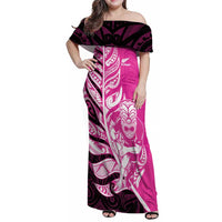New Zealand Silver Fern Rugby Custom Family Matching Off Shoulder Maxi Dress and Hawaiian Shirt All Black Maori Pattern Pink LT14 Mom's Dress Pink - Polynesian Pride