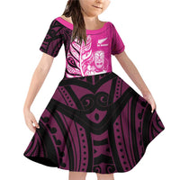 New Zealand Silver Fern Rugby Custom Family Matching Off Shoulder Short Dress and Hawaiian Shirt All Black Maori Pattern Pink LT14 Daughter's Dress Pink - Polynesian Pride