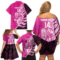 New Zealand Silver Fern Rugby Custom Family Matching Off Shoulder Short Dress and Hawaiian Shirt All Black Maori Pattern Pink LT14 - Polynesian Pride