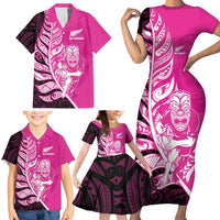 New Zealand Silver Fern Rugby Custom Family Matching Short Sleeve Bodycon Dress and Hawaiian Shirt All Black Maori Pattern Pink LT14 - Polynesian Pride