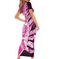 New Zealand Silver Fern Rugby Custom Family Matching Short Sleeve Bodycon Dress and Hawaiian Shirt All Black Maori Pattern Pink LT14 - Polynesian Pride