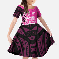 New Zealand Silver Fern Rugby Custom Family Matching Tank Maxi Dress and Hawaiian Shirt All Black Maori Pattern Pink LT14 Daughter's Dress Pink - Polynesian Pride