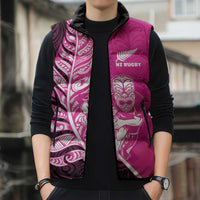 New Zealand Silver Fern Rugby Custom Sleeveless Puffer Jacket All Black Maori Pattern Pink - Polynesian Pride