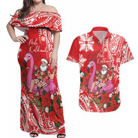 Personalized Hawaii Christmas Couples Matching Off Shoulder Maxi Dress and Hawaiian Shirt Mele Kalikimaka Chilling Shaka Santa Flamingo LT14 Red - Polynesian Pride