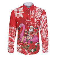 Personalized Hawaii Christmas Family Matching Off The Shoulder Long Sleeve Dress and Hawaiian Shirt Mele Kalikimaka Chilling Shaka Santa Flamingo LT14 Dad's Shirt - Long Sleeve Red - Polynesian Pride