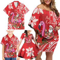 Personalized Hawaii Christmas Family Matching Off Shoulder Short Dress and Hawaiian Shirt Mele Kalikimaka Chilling Shaka Santa Flamingo LT14 - Polynesian Pride