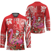 Personalized Hawaii Christmas Hockey Jersey Mele Kalikimaka Chilling Shaka Santa Flamingo - Polynesian Pride
