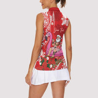 Personalized Hawaii Christmas Women Sleeveless Polo Shirt Mele Kalikimaka Chilling Shaka Santa Flamingo LT14 - Polynesian Pride