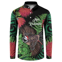 Meri Kirihimete New Zealand Button Sweatshirt Piwakawaka Koru Fern Mix Pohutukawa - Polynesian Pride