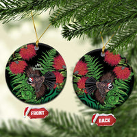 Meri Kirihimete New Zealand Ceramic Ornament Piwakawaka Koru Fern Mix Pohutukawa LT14 Circle Black - Polynesian Pride