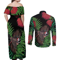 Meri Kirihimete New Zealand Couples Matching Off Shoulder Maxi Dress and Long Sleeve Button Shirt Piwakawaka Koru Fern Mix Pohutukawa - Polynesian Pride