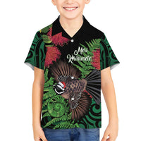 Meri Kirihimete New Zealand Family Matching Short Sleeve Bodycon Dress and Hawaiian Shirt Piwakawaka Koru Fern Mix Pohutukawa LT14 Son's Shirt Black - Polynesian Pride