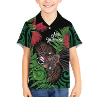 Meri Kirihimete New Zealand Family Matching Summer Maxi Dress and Hawaiian Shirt Piwakawaka Koru Fern Mix Pohutukawa LT14 Son's Shirt Black - Polynesian Pride