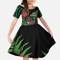 Meri Kirihimete New Zealand Kid Short Sleeve Dress Piwakawaka Koru Fern Mix Pohutukawa LT14 KID Black - Polynesian Pride
