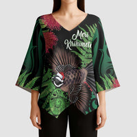 Meri Kirihimete New Zealand Kimono Sleeve Blouse Piwakawaka Koru Fern Mix Pohutukawa LT14 - Polynesian Pride
