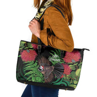Meri Kirihimete New Zealand Leather Tote Bag Piwakawaka Koru Fern Mix Pohutukawa LT14 Black - Polynesian Pride