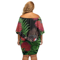 Meri Kirihimete New Zealand Off Shoulder Short Dress Piwakawaka Koru Fern Mix Pohutukawa LT14 - Polynesian Pride