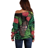 Meri Kirihimete New Zealand Off Shoulder Sweater Piwakawaka Koru Fern Mix Pohutukawa LT14 - Polynesian Pride