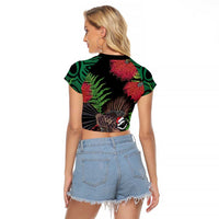 Meri Kirihimete New Zealand Raglan Cropped T Shirt Piwakawaka Koru Fern Mix Pohutukawa - Polynesian Pride