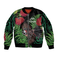 Meri Kirihimete New Zealand Sleeve Zip Bomber Jacket Piwakawaka Koru Fern Mix Pohutukawa LT14 Unisex Black - Polynesian Pride