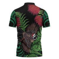 Meri Kirihimete New Zealand Zipper Polo Shirt Piwakawaka Koru Fern Mix Pohutukawa LT14 - Polynesian Pride