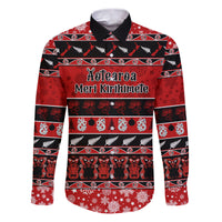 Personalised New Zealand Christmas Family Matching Puletasi Dress and Hawaiian Shirt Aotearoa Kiwi Meri Kirihimete Red Version LT14 Dad's Shirt - Long Sleeve Red - Polynesian Pride