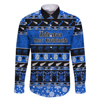 Personalised New Zealand Christmas Family Matching Off Shoulder Maxi Dress and Hawaiian Shirt Aotearoa Kiwi Meri Kirihimete Blue Version LT14 Dad's Shirt - Long Sleeve Blue - Polynesian Pride