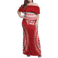 Custom Tonga Mate Maa Family Matching Off Shoulder Maxi Dress and Hawaiian Shirt Go Champions Tongan Ngatu - Red LT14 Mom's Dress Red - Polynesian Pride